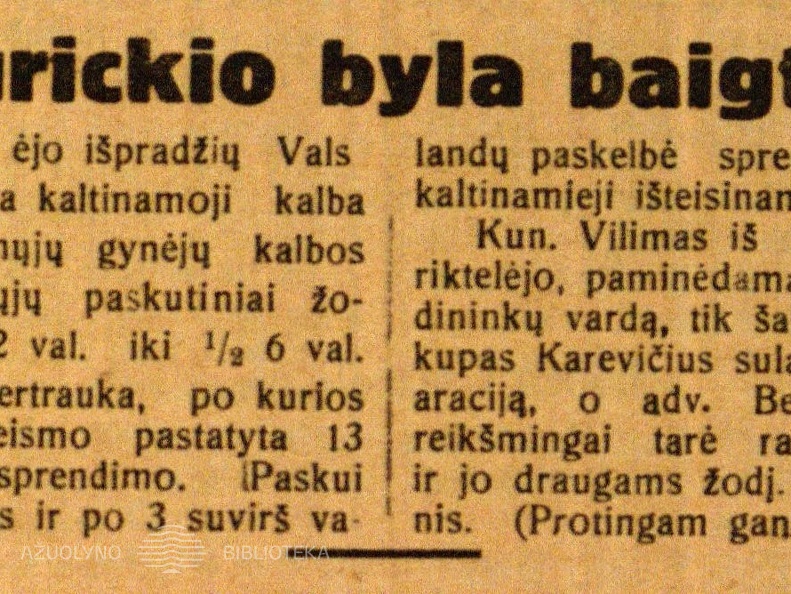 Purickio byla baigta: [Žinutė] // Lietuvos žinios. – 1925, vas. 12, p. 1.