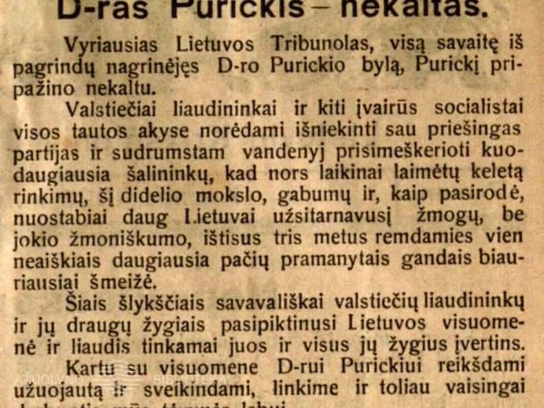 D-ras Purickis nekaltas // Tėvynės sargas. – 1925, vas. 18, p. 74.