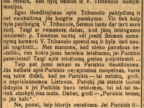 Kaip pinamas kankiniams vainikas arba Purickio bylos galas: [Apie J. Purickio išteisinimą ir „Ryto“ džiaugsmingus straipsnius tuo reikalu] // Socialdemokratas. – 1925, vas. 19, p. 1.