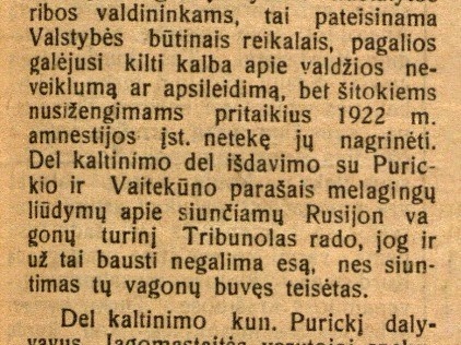 Purickio bylos sprendimą paskelbus // Lietuvos žinios. – 1925, vas. 27, p. 1.