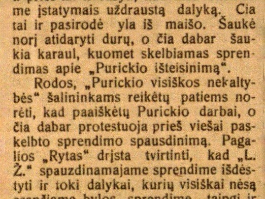 „Ryto“ yla išlindo iš maišo: [Dėl „Ryto“ straipsnio: Ar skelbtinas d-ro Purickio bylos sprendimas 