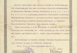 A. Voldemaro diplomatinis pasas Nr. 49, išduotas Vilniuje 1918 12 19. LCVA, f. 923, ap. 1, b. 74, l. 54.