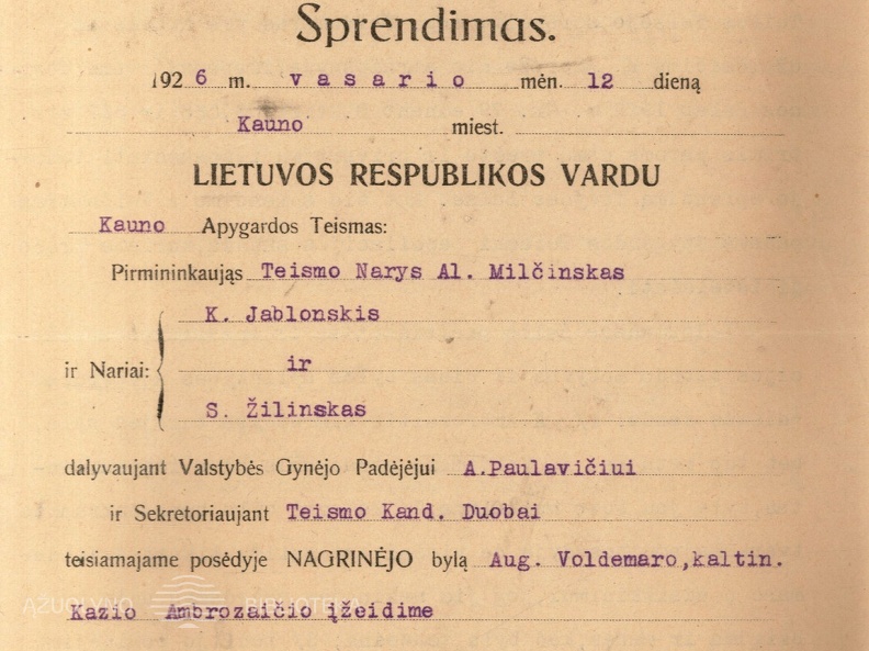 Kauno apygardos teismo sprendimas dėl 1922 m. liepos 17 d. Kauno miesto ir apskrities pirmos nuovados Taikos teisėjo sprendimo Augustino Voldemaro, kaltinamo už K. Ambrozaičio įžeidimą per spaudą, byloje panaikinimo