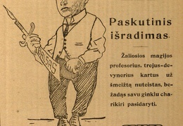 Paskutinis išradimas: Žaliosios magijos profesorius, trejus–devynerius kartus už šmeižtą nuteistas, bežadąs savu ginklu charikiri pasidaryti: [A. Voldemaro karikatūra] // Lietuvos žinios. – 1922, gruod. 17, p. 1.