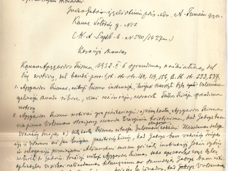 Juozo Gabrio įgaliotinio advokato Antano Tumėno kasacijos skundas dėl Kauno apygardos teismo 1932 10 06 sprendimo A. Voldemaro byloje dėl J. Gabrio įžeidimo per spaudą. 