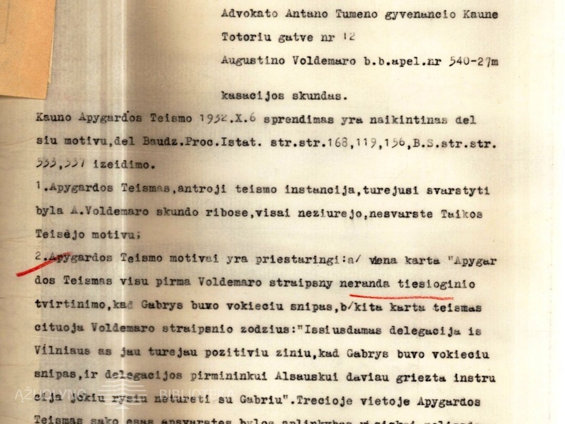 Juozo Gabrio įgaliotinio advokato Antano Tumėno kasacijos skundas dėl Kauno apygardos teismo 1932 10 06 sprendimo A. Voldemaro byloje dėl J. Gabrio įžeidimo per spaudą.
