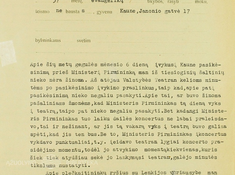 Liudininko tardymo protokolas dėl pasikėsinimo į A. Voldemarą, pasirašytas D. Zauniaus. 1929 07 08. LCVA, f. 383, ap. 7, b. 915, l. 45-46.