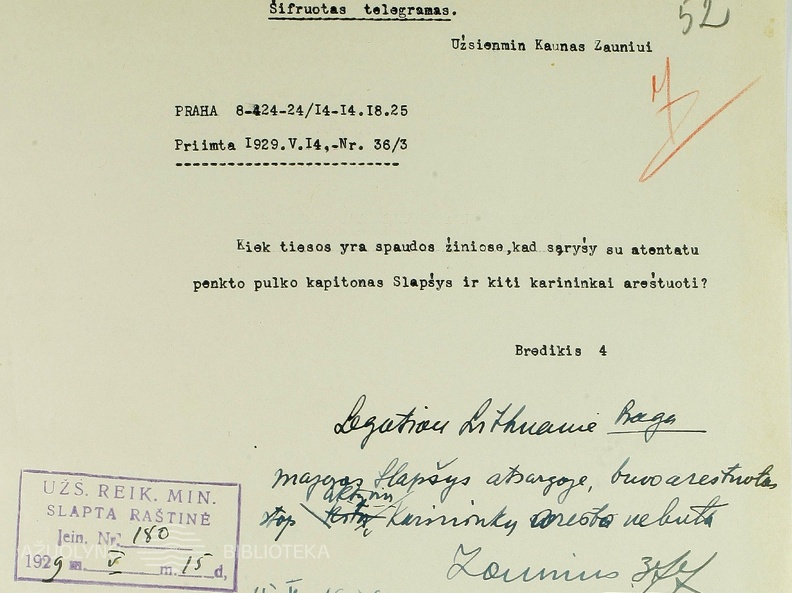 Šifruota telegrama D. Zauniui dėl pasikėsinimo į A. Voldemarą. 1929 05 14. LCVA, f. 383, ap. 7, b. 915, l. 52.