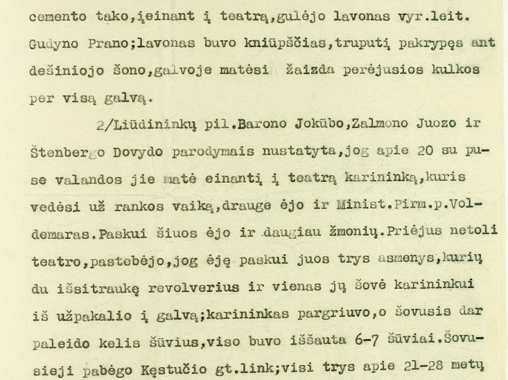 Kriminalinės policijos kvotų sekcijos vedėjo A. Penčylos raportas kriminalinės policijos I skyriaus viršininkui dėl pasikėsinimo į A. Voldemarą.