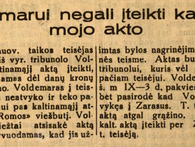 Voldemarui negali įteikti kaltinamojo akto: [byloje dėl danų kronų] // Dienos naujienos. – 1931, rugs. 4, p. 1.