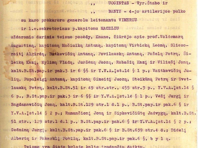 Kariuomenės teismo protokolas A. Voldemaro ir kitų kaltinamų pučo rengimu byloje. Tardymo medžiaga. 1931 08 17 – 30. LCVA, f. 507, ap. 3, b. 138, l. 1-8.