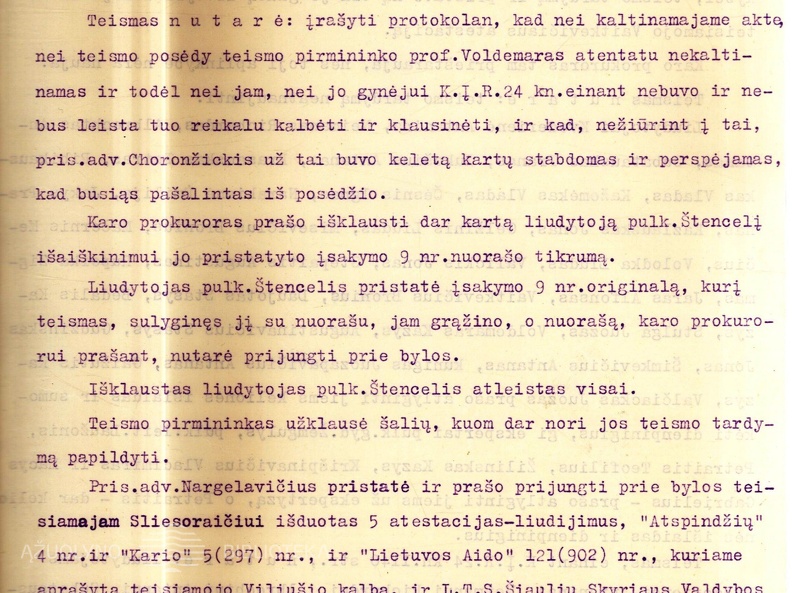 Kariuomenės teismo protokolas A. Voldemaro ir kitų kaltinamų pučo rengimu byloje. Tardymo medžiaga. 1931 08 17 – 30. LCVA, f. 507, ap. 3, b. 138, l. 1-8.