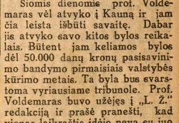 Prof. Voldemaras Kaune: [dėl jam keliamos bylos] // Diena. – 1931, spal. 4, p. 1.