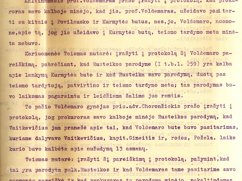 Kariuomenės teismo protokolas A. Voldemaro ir kitų kaltinamų pučo rengimu byloje. Tardymo medžiaga. 1931 08 17 – 30. LCVA, f. 507, ap. 3, b. 138, l. 1-8.
