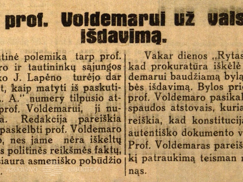 Byla prof. Voldemarui už valstybės išdavimą // Diena. – 1930, geg. 25, p. 1.