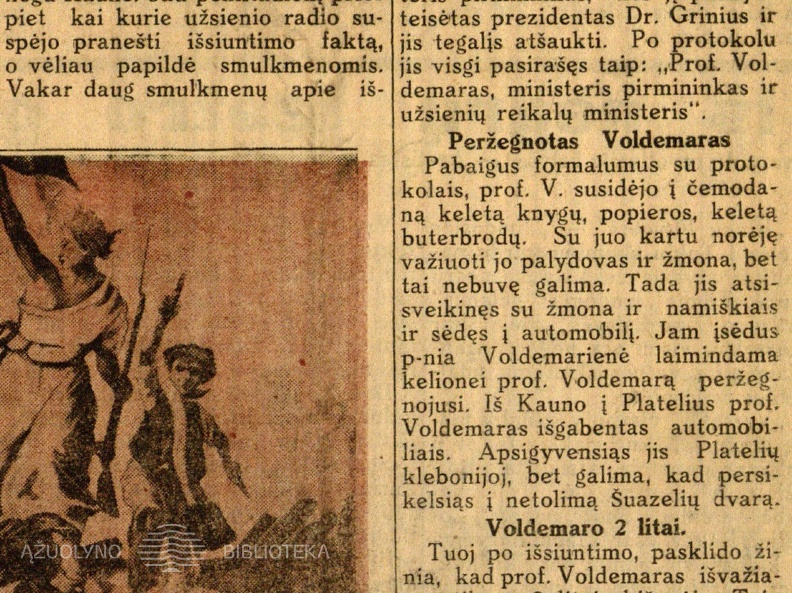 Voldemaras: [apie jo ištrėmimą į Platelius] // Diena. – 1930, liep. 27, p. 1.