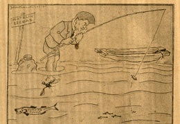 Pasaka apie auksinę žuvelę (Prof. Voldemaras meškeriojąs Platelių ežere): [J. Martinaičio šaržas] // Diena. – 1930, rugpj. 3, p. 2.