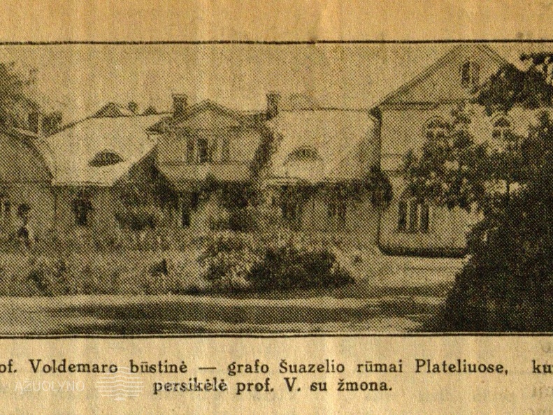 Nauja prof. Voldemaro būstinė – grafo Šuazelio rūmai Plateliuose, kur dabar persikėlė prof. V. su žmona: [nuotr.] // Diena. – 1930, rugpj. 10, p. 2.