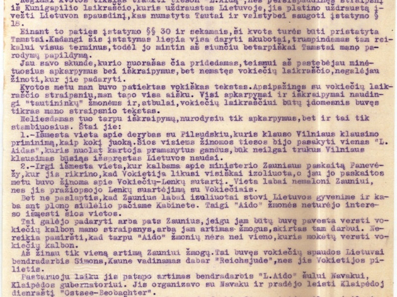 Augustino Voldemaro laiškas Apeliacinių rūmų prokurorui dėl straipsnio „Likimo keliais“, atsp. „Preussische Zeitung“ ir dėl šio straipsnio bei jo knygos prancūzų kalba „Lietuva ir jos problemos“ kritikos „Lietuvos aido“ laikraštyje