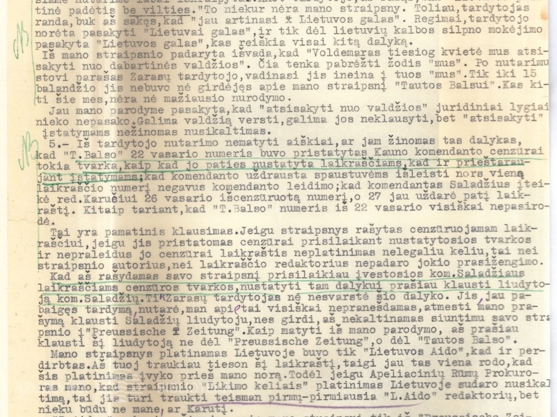 Augustino Voldemaro raštas iš Jonavos apie teisinius kvotos ir tardymo pažeidimus jo byloje dėl straipsnio „Likimo keliais“. 1934 04 24. LCVA, f. 932, ap. 1, b. 52, l. 341-343.