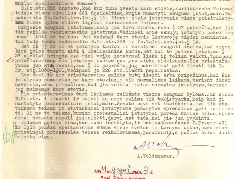 Augustino Voldemaro raštas iš Jonavos apie teisinius kvotos ir tardymo pažeidimus jo byloje dėl straipsnio „Likimo keliais“. 1934 04 24. LCVA, f. 932, ap. 1, b. 52, l. 341-343.