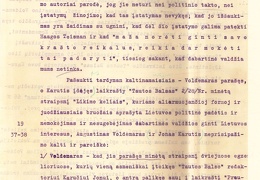 Apeliacinių rūmų kaltinamasis aktas prof. Augustino Voldemaro ir redaktoriaus Jono Karučio byloje dėl A. Voldemaro straipsnio „Likimo keliais“. 1934 04 30. LCVA, f. 932, ap. 1, b. 52, l. 6-7.