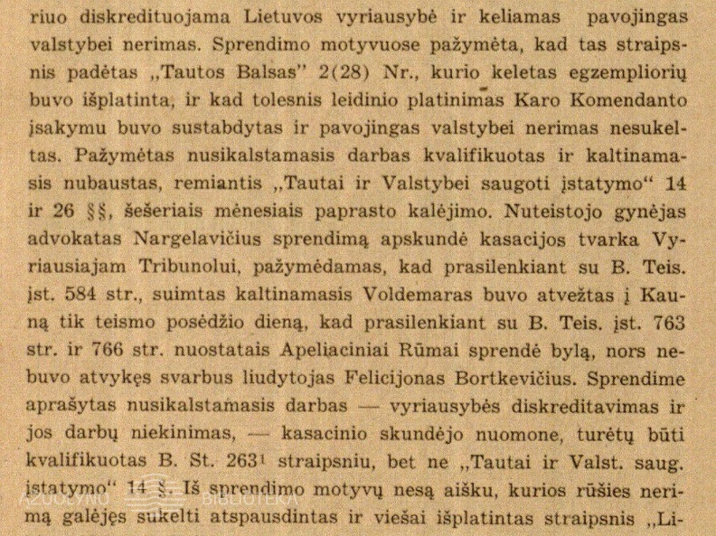 Voldemaro Augustino ir kit. baudžiamosios bylos: [dėl straipsnio „Likimo keliais“] advokato Nargelevičiaus skundas prieš Apeliacinių Rūmų 1934 metų lapkričio mėnesio 8 dienos sprendimą. 1935 05 28