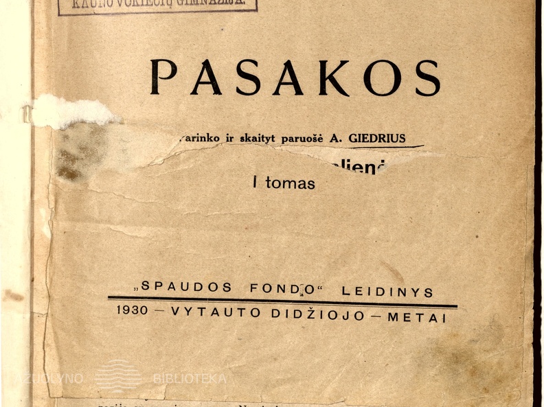 Knygos antraštinis puslapis. „Pasakos“