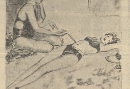 Karikatūra, pašiepianti atvirus maudymosi kostiumus. Sekmadienis, 1937, nr. 36, p. 7.