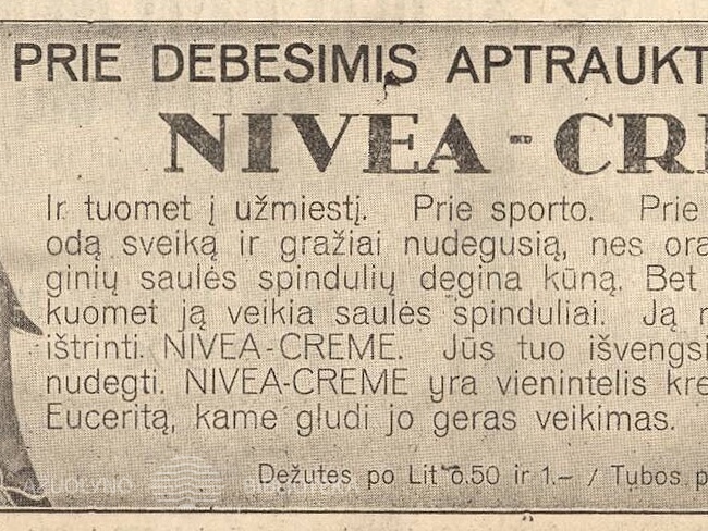 Išsitepę odą „Nivea-Creme“ įdegsite net nešviečiant saulei. Sekmadienis, 1930, nr. 29, p. 7.
