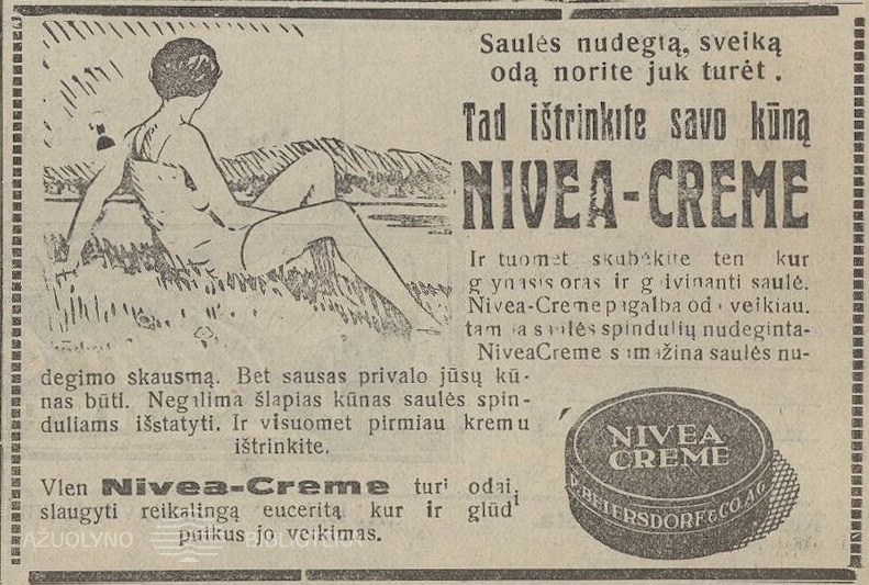 Sveikas vasaros įdegis su „Nivea-Creme“. Sekmadienis, 1929, nr. 25, p. 5.