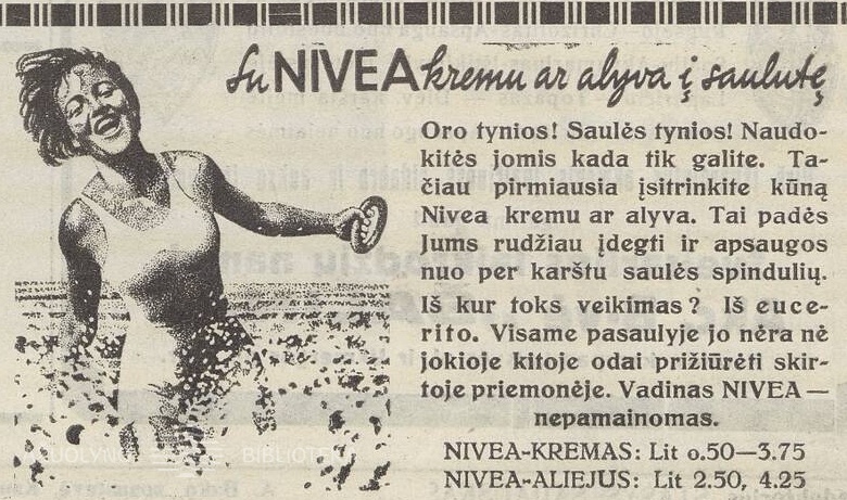 „Su Nivea kremu ar alyva į saulutę“. Sekmadienis, 1933, nr. 29, p. 7.