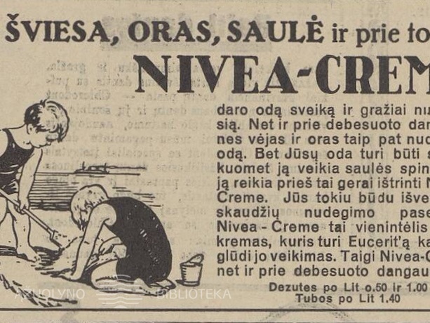 Šviesa, oras, saulė ir „Nivea-Creme“. Sekmadienis, 1930, nr. 35, p. 7.