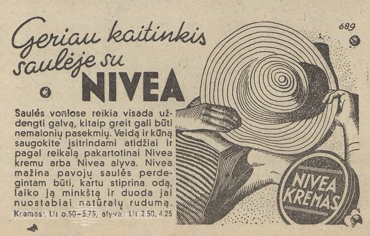 „Nivea“ mažina saulės „perdegimų“ pavojų. Sekmadienis, 1937, nr. 26, p. nenumeruotas.