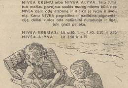„Geriau kaitinkis saulutėje su Nivea“. Sekmadienis, 1937, nr. 25, p. 11.