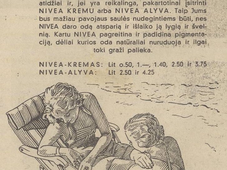 „Geriau kaitinkis saulutėje su Nivea“. Sekmadienis, 1937, nr. 25, p. 11.