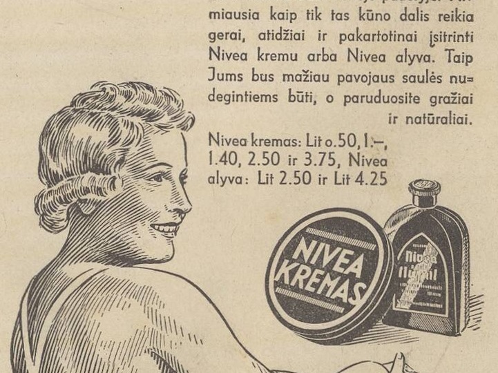 „Su Nivea tikrai įdegsite nuo saulės“. Sekmadienis, 1937, nr. 27, p. nenumeruotas.