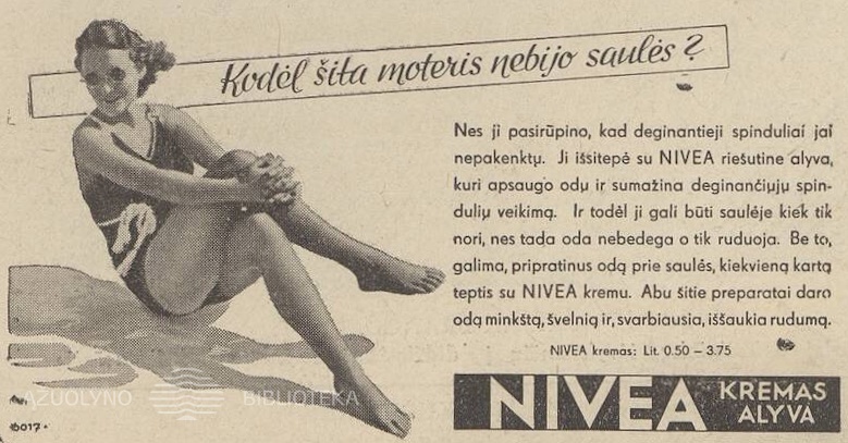 „Kodėl šita moteris nebijo saulės?“. Sekmadienis, 1939, nr. 30, p. 11.