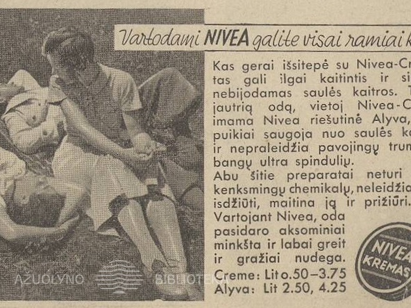 „Naudodami Nivea galite visai ramiai kaitintis“. Sekmadienis, 1938, nr. 34, p. 22.