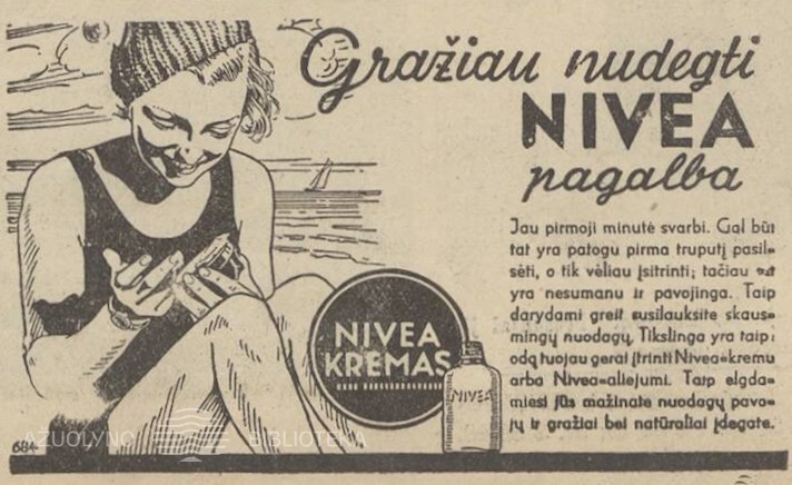 „Geriau nudegti Nivea pagalba“. Sekmadienis, 1937, nr. 34, p. nenumeruotas.
