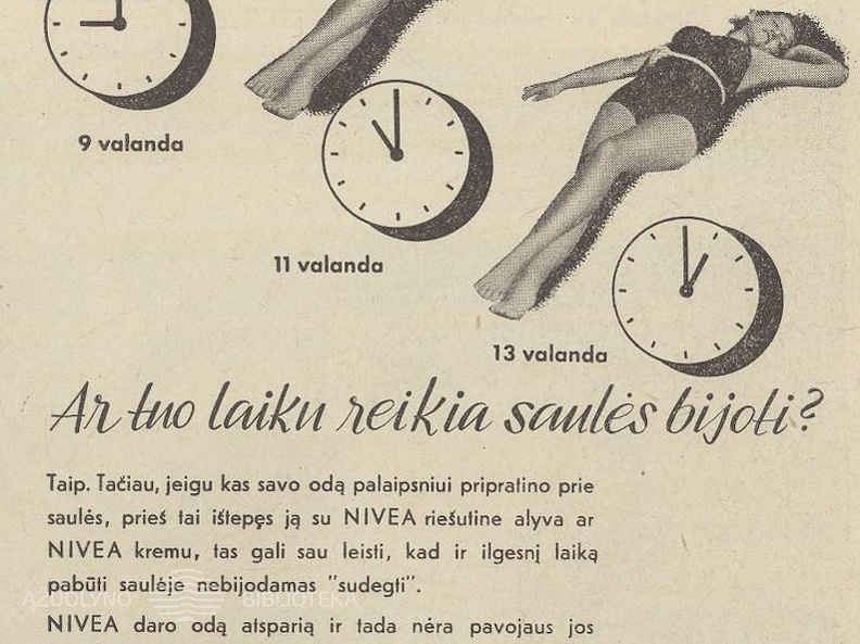 Su „Nivea“ gali nebijoti „sudegti“. Sekmadienis, 1939, nr. 35, p. nenumeruotas.