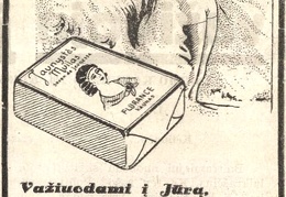 „Važiuodami į jūrą, nepamirškit pasiimti „Jaunystės“ muilą“. Sekmadienis, 1934, nr. 32, p. 10.
