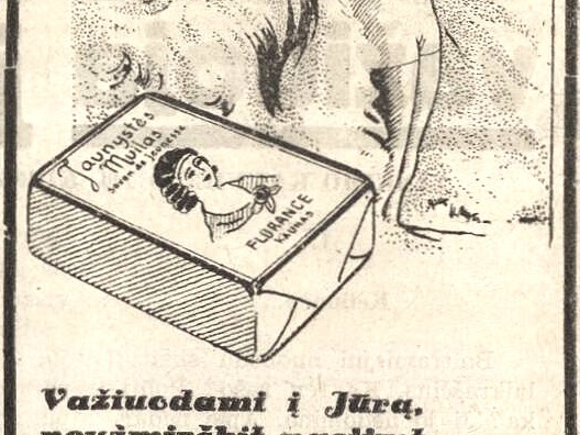 „Važiuodami į jūrą, nepamirškit pasiimti „Jaunystės“ muilą“. Sekmadienis, 1934, nr. 32, p. 10.