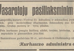 „Vasarotojų pasilinksminimas“. Lampėdžių kurorto kurhauzo administracijos skelbimas. Sekmadienis, 1934, nr. 26, p. 10.