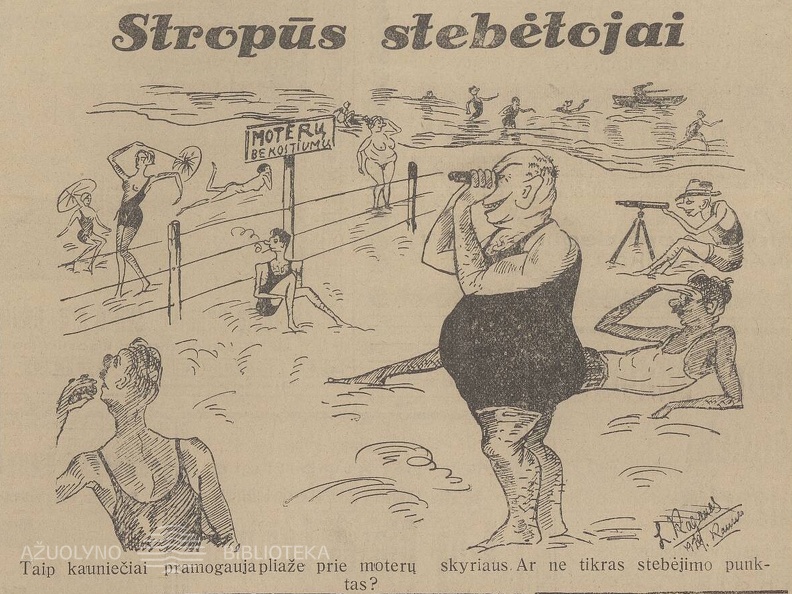 Karikatūra „Stropūs stebėtojai“ apie pliažo kultūrą. Sekmadienis, 1929, nr. 33, p. 5.