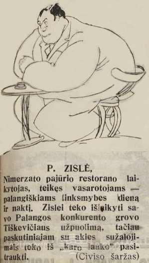 „Nimerzato pajūrio restorano laikytojo“ karikatūra. Sekmadienis, 1933, nr. 33, p. 7.