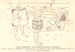 Karikatūra „nauji praktiški maudymosi kostiumų projektai“. Sekmadienis, 1934, nr. 32, p. 2.