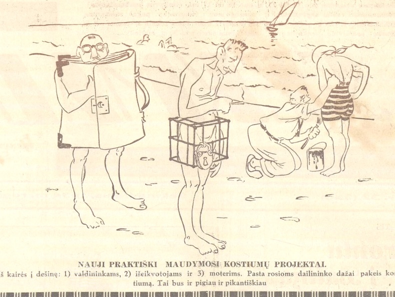 Karikatūra „nauji praktiški maudymosi kostiumų projektai“. Sekmadienis, 1934, nr. 32, p. 2.