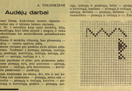 Patarimai audėjoms (straipsnio pradžia). Moteris.-1938, nr. 17, p. 283.