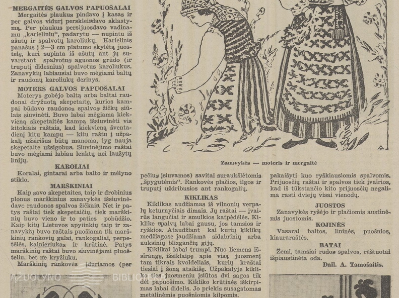 A. Tamošaičio straipsnis apie zanavykių tautinį kostiumą. Jaunasis ūkininkas.-1938, nr. 10, p. 149.